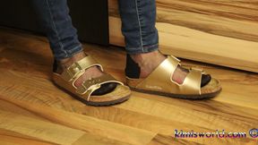 Golden Mules &amp; Black Nylons - Sensual Shoe Removal