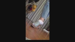 White socks and blue wedges
