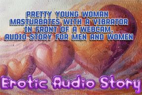 Pretty young woman masturbates with a vibrator in front of a webcam, lots of pleasure, orgasm, audio story for men and women