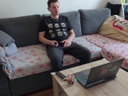Horny Boy watches Porn on laptop and TV at the same time and Masturbates his Big Cock until Orgasm