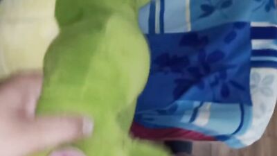 Lad rubs his tiny prick on his favorite green toy
