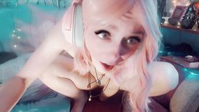 Pink-haired gamer girl gets a deepthroat and rides a dildo