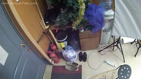 Topless barefoot Gladys in jeans shorts is being tied with her hands in reverse prayer, hogtied and gagged - on-screen, POV camera (HD WMV)