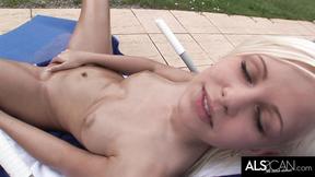 ”Beautiful Blonde Masturbates Poolside with Two Toys”