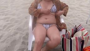 MILF's hairy pussy licked on the beach, then big cock inside