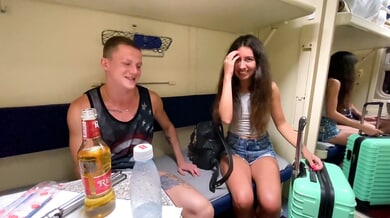 Katty West shares a steamy threesome with two tattooed men in a moving train cabin
