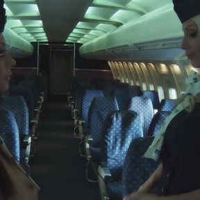 Two Naughty Flight Attendants Show Their Pussies to Each Other and Bang with a Dildo