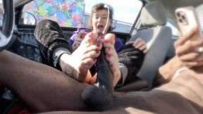 Cumshower! After beach parking lot moaning car toejob footjob, cougar feet on bbc, tabi socks, sandy dick, red toes