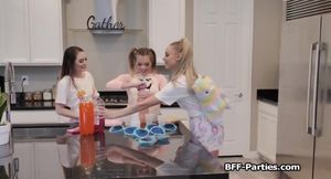 Pajama girlfriends gagging on big dick in foursome