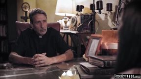 Big tits brunette confesses her sins to her priest and asks for absolution.He will give it to her if she gives something to him.Shocked but desperate she lets the old priest suck her tits and sucks off his huge cock.He fucks and licks her hairy pussy