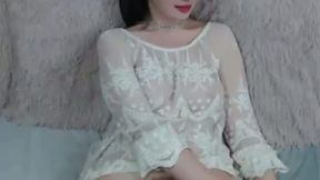 POV brunette teen wearing mask with hairy bush pussy