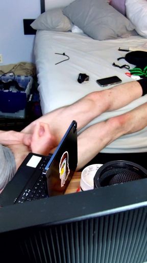 Jerk off with Feet on Bed with Socks Pulled to Calves as I Bust Grunting Hard in Chair