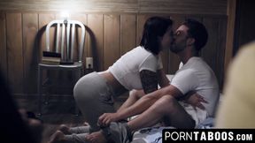 Sinful cutie gets on top of her man and slobs on his cock