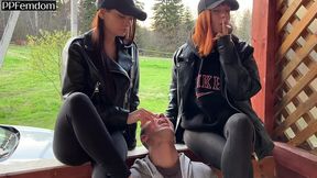 double femdom human ashtray and spitting outdoor with sofi and kira