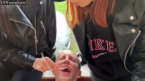 double femdom human ashtray and spitting outdoor with sofi and kira