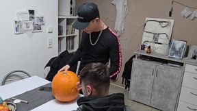 Gay boys have fun: We fuck the Halloween Pumpkin and cum on it