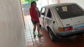 Barbara Cranking the Fiat in green sneakers and running jacket [CUSTOM]