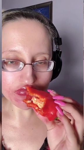 Asmr Paprika Pepper Eating - Asmr, Eye Glasses, Gianess, Lipstick, Big Lips, Mouth, Food, Face Fetish, Long Nails