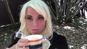 cute butt blonde tease drinks coffee