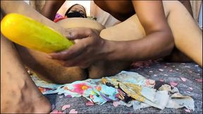 Brothers-in-law inserted a big cucumber inti bhabhi&#039;s pussy and fucked her.