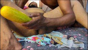 Brothers-in-law inserted a big cucumber inti bhabhi&#039;s pussy and fucked her.