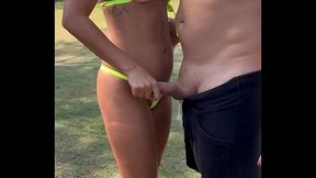 Brunette babe sucks big cock in public parking lot