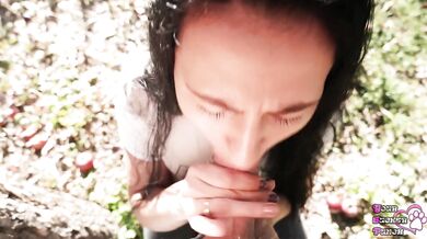 Outdoor submissive blowjob with massive cumshot on her face and eyes / 4k / POV