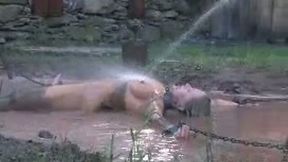 Bound bitch Dia enjoys dirty procedures in the yard