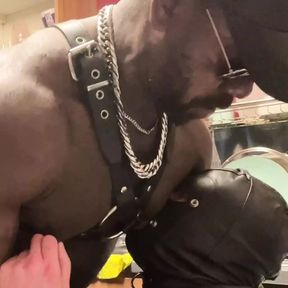 Tit and Dick Focus: Black Muscle Orders Leather Clad Anon Sub to Work