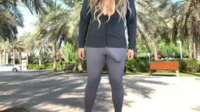 Monster cock shemale flaunts huge dick in tight pants freaked out in public