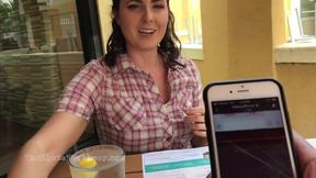 Making her cum her publicly with remote vibrator under the table