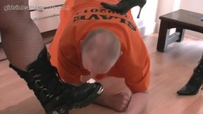 Kinky Leather Clad Femdoms Make Inmate Slave Lick The Cream Off Their Boots