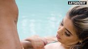 Curvy MILF Deepthroats Cock Poolside... Oiled Tits Bouncing, Pussy Dripping