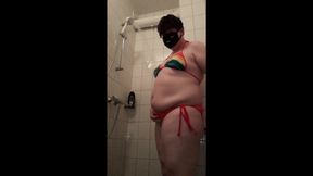 Chubby Femboy wearing cute Rainbow Bikini in Shower