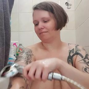 Morning shower show Soapy big natural tits Breast massage in bathtub