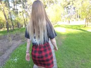 Naughty girl in miniskirt no panties flashing in the park (public upskirt)