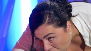 Chubby cock sucker bounces on a man's massive erect penis