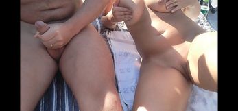 Stepdaughter Naked with Stepfather on the Beach Touching His Dick