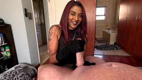 Indian girl gives BWC a handjob with satin gloves till he cums
