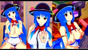 Big-Breasted Touhou Hinanai Tenko Rubs Boobs & Gives Hand Job In 3D Hentai Animation