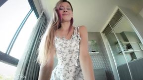 Hot brunette in sundress rides cock and swallows cum