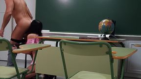 Real teacher with massive cock fucks his student's pink pussy