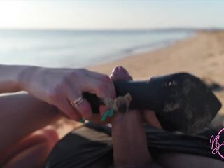 Risky Public Beach Heeljob & Shoejob ý Golden-haired Footjob with Long Toenails Cum on Feet