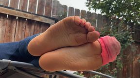 Sweaty Pink Sock Removal to Stinky Bare Soles