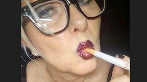 Smoker Mummy Corkcigarette Close up smoke with and without eyeglasses, dark red glossy lipstick