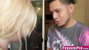 Petite slut Charlyse Angel pussy stretched before creampie