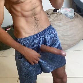 cock 23cm in pajama shorts without underwear ready to receive a blowjob