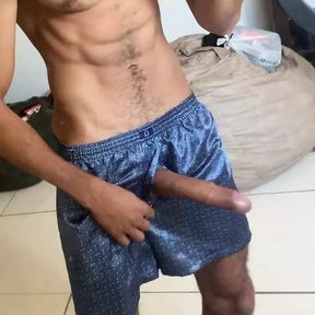 cock 23cm in pajama shorts without underwear ready to receive a blowjob