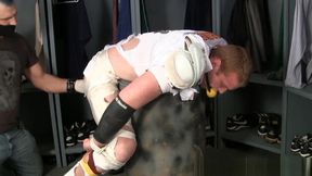 Tall redheaded football player bound gagged striiped and