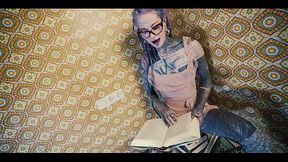 Gaping hole drenched in piss over books and toys